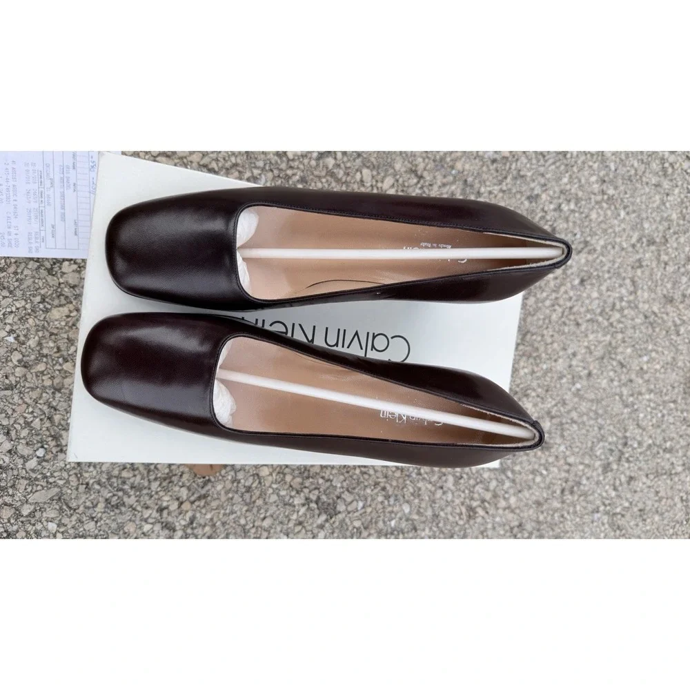 Calvin Klein Brown Leather Pumps Block Heel Square Toe Size‎ 5.5 B Italy